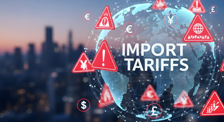 A Global financial crisis concept with import tariffs warning signs around digital world map showing trade duties sanctions currency impact and economic pressure between India America and USAの写真素材