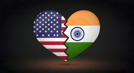 A India and America broken heart illustration with national flags symbolizing tariff dispute trade conflict sanctions economy duties politics global protection newsの写真素材