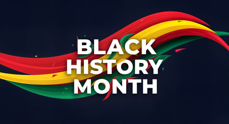A vibrant and modern background with flowing red yellow and green waves for a Black History Month banner celebrating African heritage and culture with powerful typography.の写真素材
