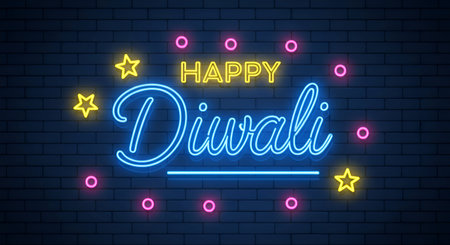 Happy Diwali Neon Sign With A Glowing Light Effect And A Dark Blue Brick Wall Backgroundの写真素材