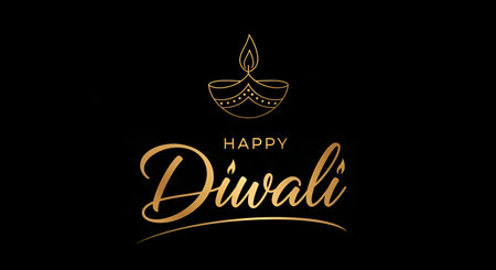 Minimalist Happy Diwali Design With An Elegant Golden Diya Icon And Ornate Gold Typography On Blackの写真素材