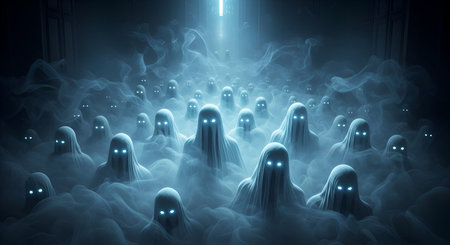 Happy Halloween Scene With A Crowd Of Mysterious Ghosts Floating In A Blue Foggy Haunted Room