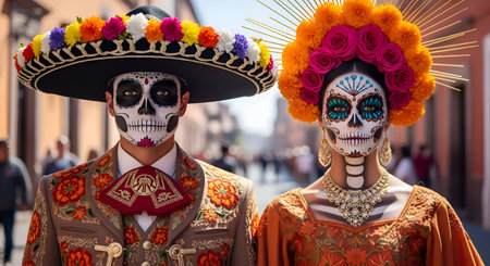 Day Of The Dead Couple With Sugar Skull Makeup In Ornate Outfits Celebrating The Mexican Holidayの写真素材