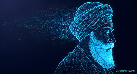 Happy Guru Nanak Jayanti Digital Art Portrait Made Of Luminous Blue Particles On A Dark Backgroundの写真素材