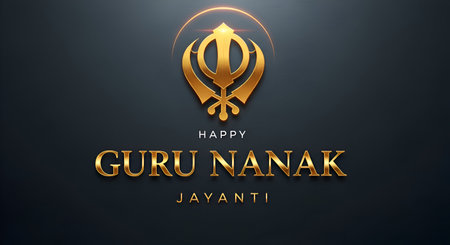 A Happy Guru Nanak Jayanti Greeting With A Golden 3D Khanda Symbol And Luminous Gold Textの写真素材