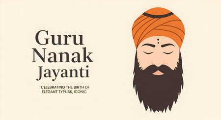 Minimalist Happy Guru Nanak Jayanti Greeting With A Stylized Portrait And A Clean Typographic Designの写真素材