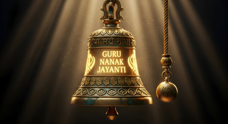 A Happy Guru Nanak Jayanti Design With A Luminous Golden Bell And Glowing Rays Of Lightの写真素材