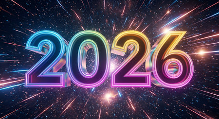 A Happy New Year 2026 Futuristic Neon Numbers Vibrant Celebration Background Space Warp Speed Light...