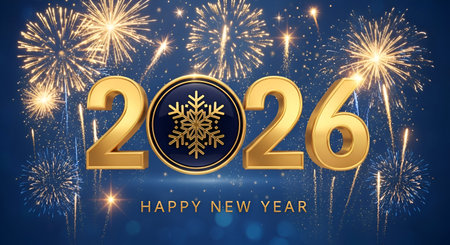 A Happy New Year 2026 Golden Numbers Festive Background With Realistic Fireworks Explosion Blue...
