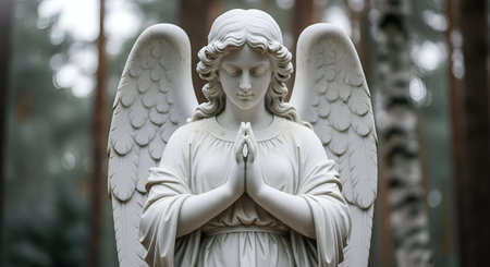 serene and beautiful white marble statue of an angel with graceful wings standing with hands clasped in a gesture of peaceful prayer and devotion in a tranquil forest.の写真素材