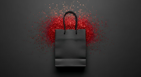 stylish and elegant flat lay shot of a single black shopping bag on a textured dark background with a dramatic burst of vibrant red glitter for a unique commercial design.の写真素材