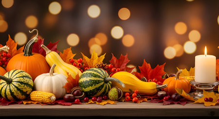 cozy and rustic composition with a beautiful white glowing candle and a variety of colorful pumpkins, gourds,の写真素材