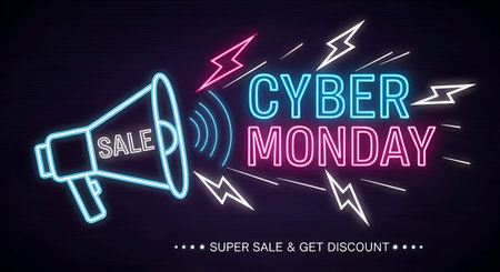 Cyber Monday Super Sale Glowing Neon Light Sign Promoting Online Shopping Discounts and Digital Marketing Promotion Event on Dark Backgroundの写真素材