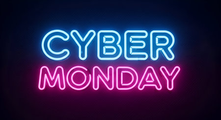 Cyber Monday Blue and Pink Neon Light Sign for an Online Shopping and Digital Marketing Event on a Dark Lined Wall Backgroundの写真素材