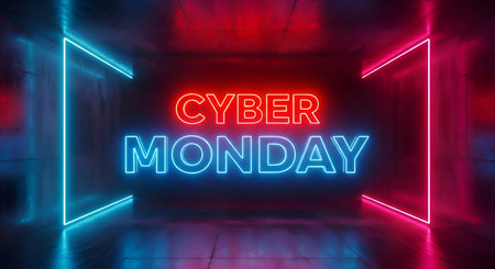 Cyber Monday Blue and Red Neon Light Sign in a Futuristic Concrete Tunnel for Commercial Discount and Online Sale Eventの写真素材