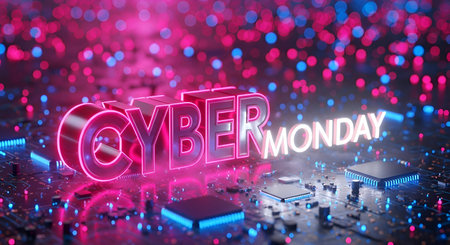 Striking Neon Pink Cyber Monday Text on a Futuristic Microchip Circuit Board with Blurry Blue and Pink Lightsの写真素材
