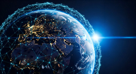 Detailed Digital Visualization of Planet Earth at Night Surrounded by a Glowing Global Network