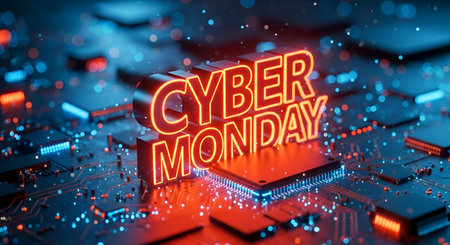 A Cyber Monday glowing red text sign standing on a futuristic microchip electronic circuit boardの写真素材