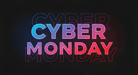 A Cyber Monday colorful gradient text with a subtle drop shadow effect on a dark digital technology background bannerの写真素材