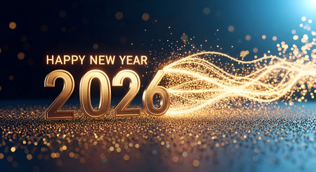 A Happy New Year 2026 Gold Metallic Numbers with an Abstract Trail of Flowing Golden Light and...