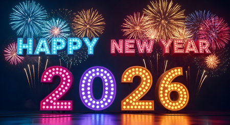A Happy New Year 2026 Celebration with Colorful Marquee Numbers and Bright Neon Signage Against a...