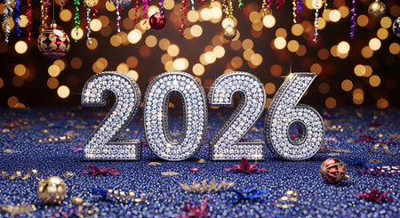A Year 2026 Diamond Covered Numbers on a Sparkling Blue Surface with Hanging Ornaments and Golden...
