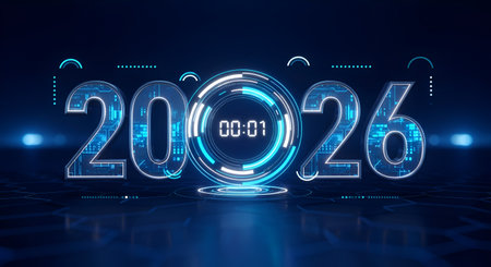 A High Technology New Year 2026 Countdown Display with Futuristic Circuit Board Numbers and Blue...
