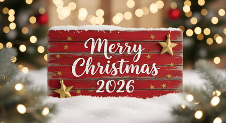 A Merry Christmas 2026 Script on a Red Wooden Plaque with Golden Stars and Snow-Dusted Edges