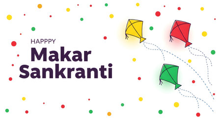 A Happy Makar Sankranti Minimalist Vector Greeting Design with Three Colorful Kites Flying Against a White Backgroundの写真素材