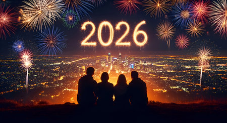 A Family or friends sitting on a hillside watching a massive colorful fireworks display over a brightly lit city skylineの写真素材