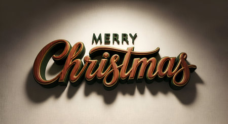 A Merry Christmas 3D render typography text effect with deep brown wood texture gold border and dark...
