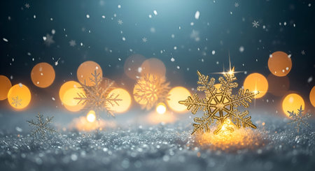 A Golden sparkling crystal snowflakes resting on shimmering icy snow covered surface with falling flakes and warm glowing orangeの写真素材