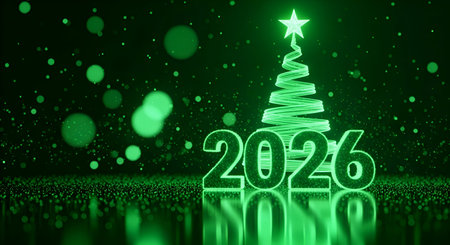 A Golden sparkling glowing Christmas tree rising from abstract digital particle wave on dark blue...