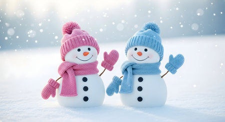 A Adorable Pair of Snowmen Wearing Pink and Blue Knitted Hats Scarves and Mittens Standing Outdoors in a Snowy Landscapeの写真素材