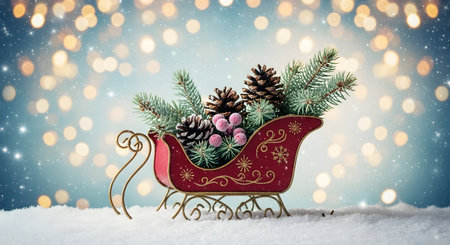 A Red Christmas Sleigh Ornament Filled with Pine Cones and Evergreen Fir Branches, Sitting in Snow with Falling Flakesの写真素材