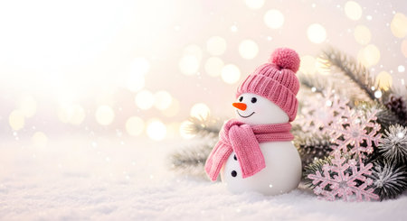 A Adorable Snowman Wearing a Pink Knitted Hat and Scarf, Standing in Fresh White Snow with Sparkling Bokeh Lights and Pinkの写真素材
