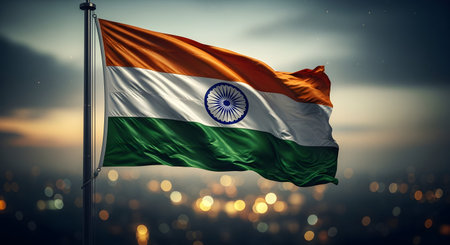 A The national flag of India the tricolor majestically waving at twilight over a blurred city...