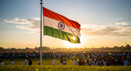 A Grand Indian national flag fluttering at sunrise over a massive diverse crowd celebrating Republic Dayの写真素材