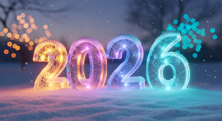 A Happy new year 2026 glowing frost numbers in snowy winter light for merry christmas eve celebration joyの写真素材