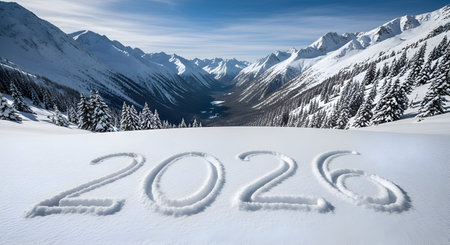 A snow art in winter mountain valley with bright nature view
