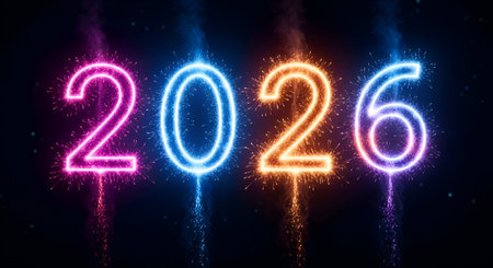 A Happy new year 2026 sparkler glow in dark night with bright firework light for merry christmas eve...