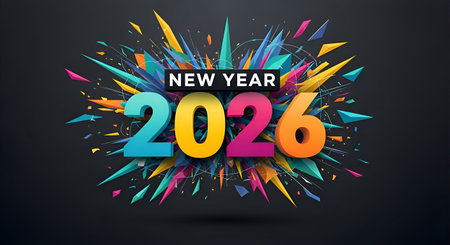 A Happy new year 2026 vibrant color explosion art with dynamic festive shapes on dark background
