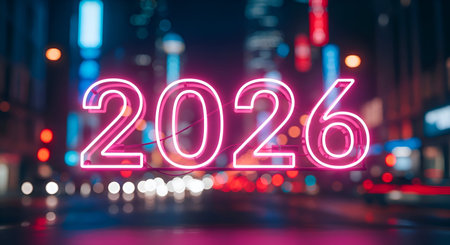A Happy new year 2026 neon glow artwork featuring bright pink light numbers in a vibrant city night