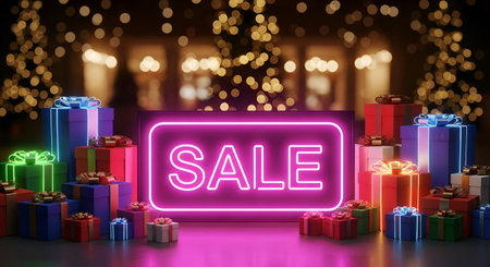 A Bright Neon Pink Sign Displaying The Word SALE Surrounded By Piles Of Colorful Christmas Gift Boxes And Blurred Goldenの写真素材