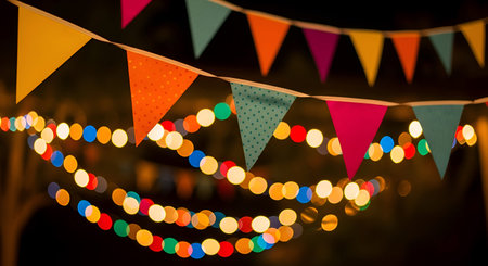 A Festive Multicolored Bunting Flags Hanging Above Brightly Blurred Christmas String Lights Against...