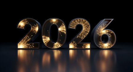 A 2026 Happy New Year Concept with Shiny Metallic Black Three Dimensional Numbers Featuring Golden...