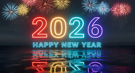 A 2026 Happy New Year Celebration with Vibrant Neon Light Numbers Reflected on Water Surface Against...