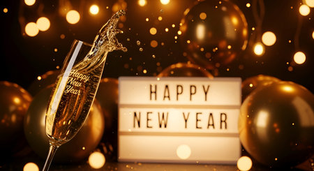 A Happy New Year Celebration Theme with a Champagne Glass Splash and a Lightbox Sign Against a Background of Golden Bokehの写真素材