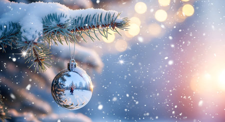 A Merry Christmas and Happy New Year 2026 Winter Scene with a Silver Reflective Ornament Hanging...