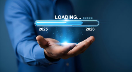 A 2026 Happy New Year Technology Concept of Loading Bar Transition from 2025 to 2026 Projected Above a Businessman's Open Handの写真素材